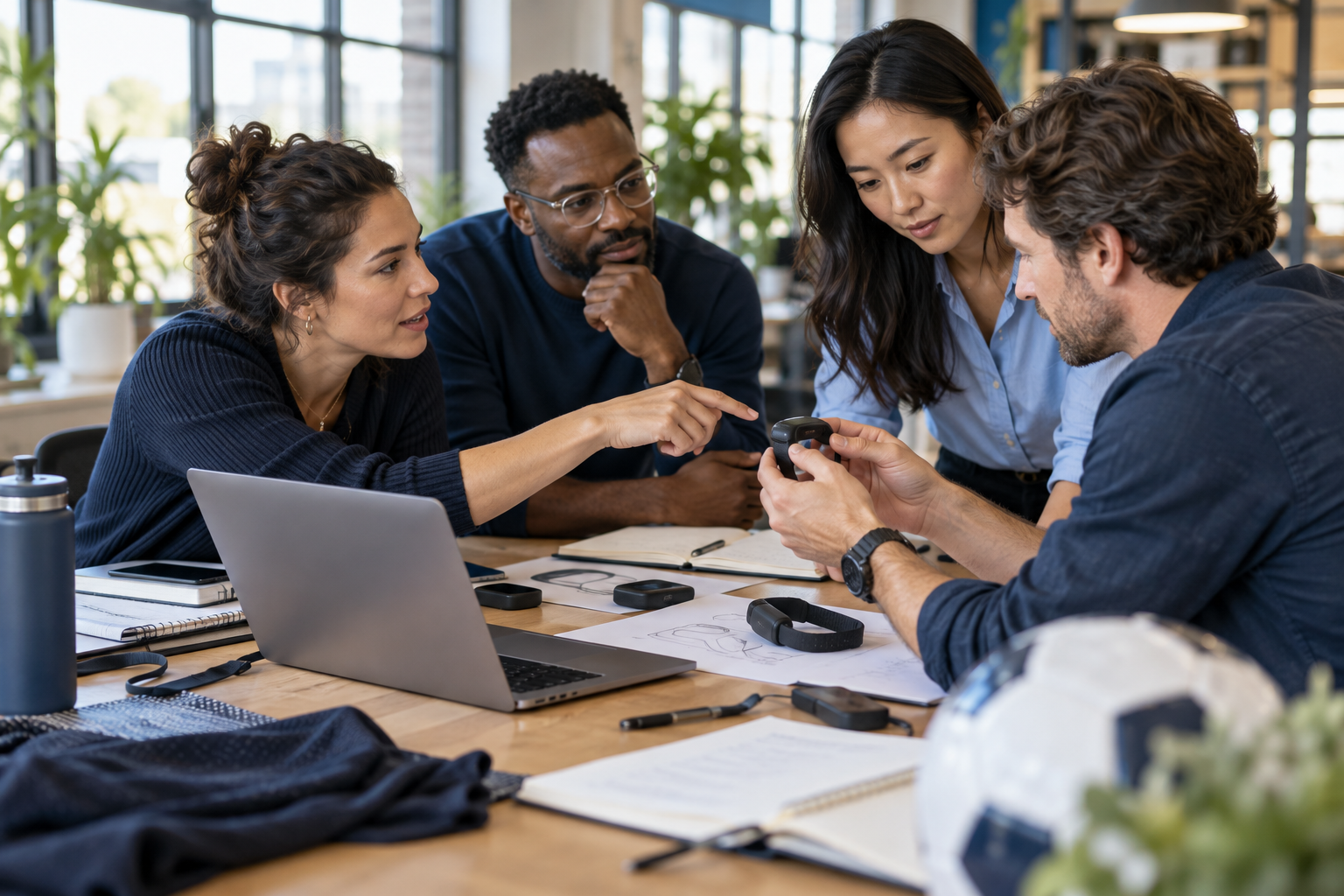 Illustrative entrepreneurs collaborating on sports technology in a workspace